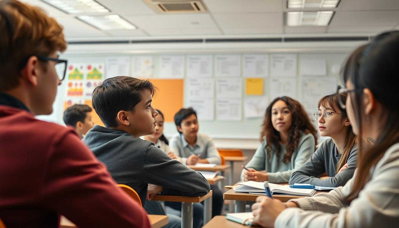 Students studying together in modern classroom